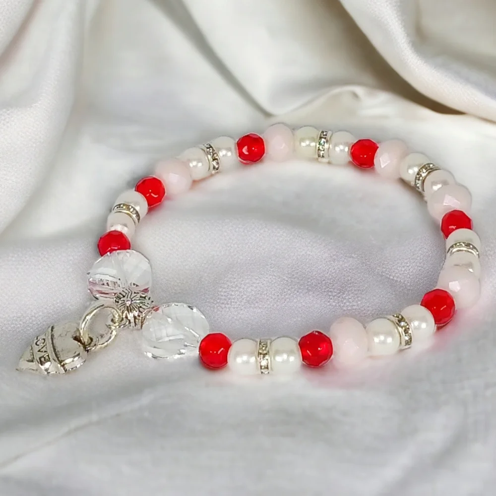 Pearl & Red Gem Sparkly Heart Charm Bracelet Lovecore Romantic Messy Coquette